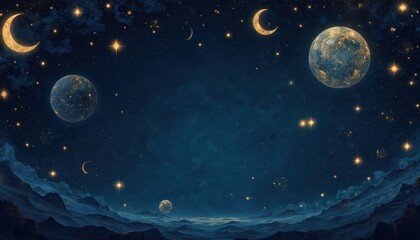 Fototapeta premium Fantasy night sky panorama with glowing crescent moon, stars, and planets. Dark blue space background with distant luminous celestial bodies and cosmic clouds.