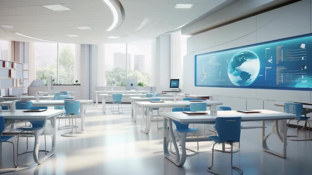 Modern Smart Classroom with Digital Learning and Data Technology Icons
