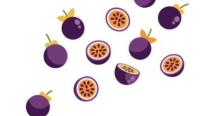 Obraz premium Bright passionfruit pattern on white background with whole and sliced fruits