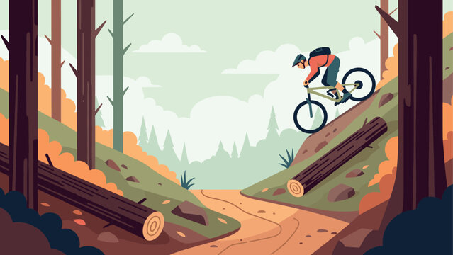 Adventurous cyclist navigates forest trail with skillful maneuver in flat style landscape scene - Powered by Adobe