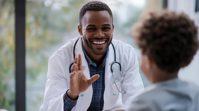 Friendly African American male doctor talking and smiling with a young child patient in a clinic