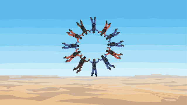 Team skydiving formation over desert landscape with clear blue skies