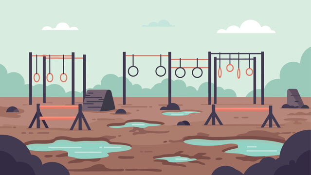 Outdoor obstacle course in flat design with mud puddles and climbing bars