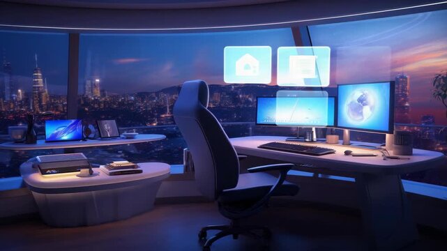 Futuristic Smart Office with Holographic Interface Overlooking Night City Skyline