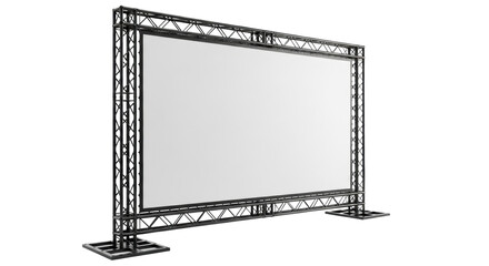 a massive matte white portable projection screen supported by a structured black aluminum truss system, isolated on an infinite transparent background, ready for presentation mockup