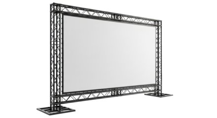 a massive matte white portable projection screen supported by a structured black aluminum truss system, isolated on an infinite transparent background, ready for presentation mockup