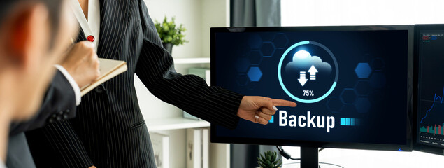 Backup Storage Data Internet Technology Business concept. Database storage cloud technology file data transfer sharing, cyber, big data information, internet banking application download upload brisk