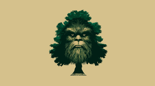 Mysterious Bigfoot face illustration integrated into a lush green tree, a conceptual graphic representing nature's wild and unknown cryptids.