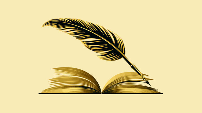 Luxurious golden quill pen and open book illustration representing education, storytelling, wisdom, and literature