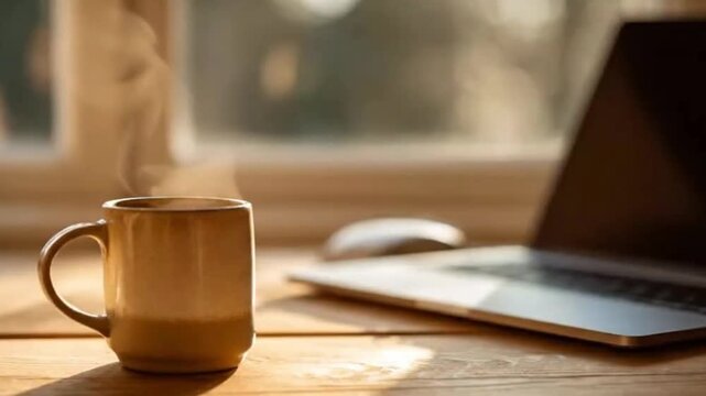 Steaming Hot Coffee Mug on Wooden Desk with Laptop | Cozy Morning Light & Work From Home Setup Aesthetic.