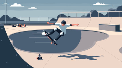 Dynamic skateboarder performing mid-air trick at modern skatepark