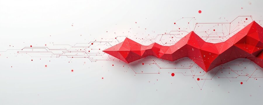 Red abstract geometric shape connects to digital network lines and dots on white background. Futuristic digital data flow with glowing particles, tech concept. - Powered by Adobe