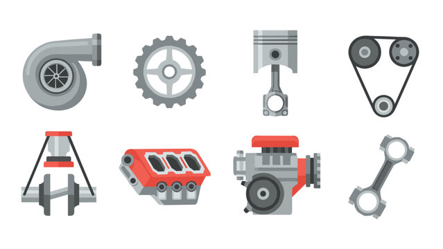 Flat engine parts set featuring turbocharger, gear, and piston icons
