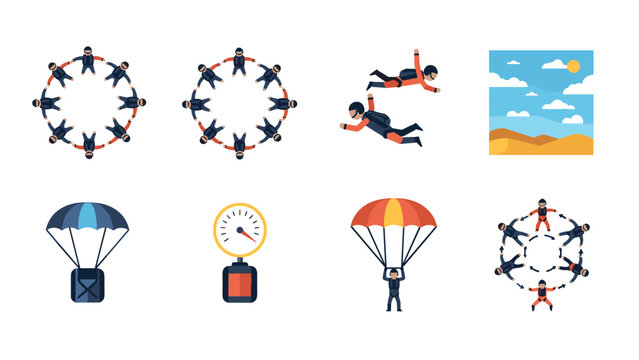 Skydiving team in formation with parachutes and altimeter icons in flat style