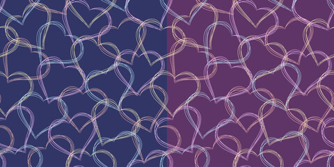 Seamless romantic pattern with glowing neon line hearts on dark blue and purple background. Modern love vector design for Valentine, wedding, fabric, wrapping paper, stationery, print, digital decor.