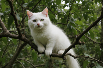 A white kitten on the branches of a pear meows asking for help. A pet on a tree branch. Beautiful white domestic kitten. 3d rendering.