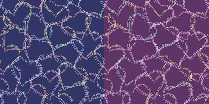 Seamless romantic pattern with glowing neon line hearts on dark blue and purple background. Modern love vector design for Valentine, wedding, fabric, wrapping paper, stationery, print, digital decor.