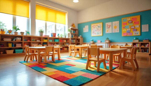 Bright preschool classroom with small wooden tables, chairs arranged on colorful geometric rug. Shelves hold books, toys. Windows with yellow blinds let in natural light, creating inviting space.