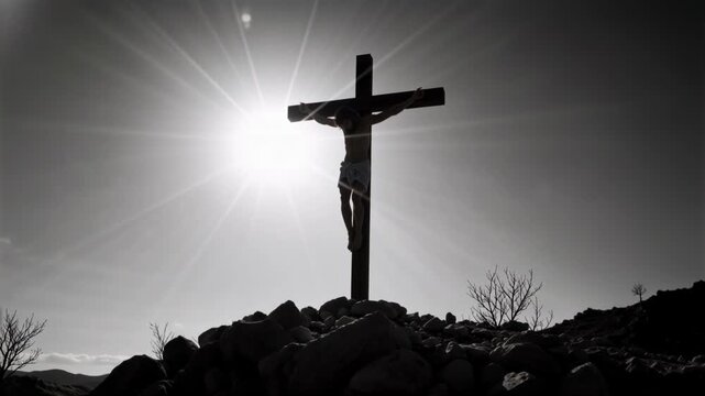 Silhouette of Jesus Christ on the cross with a bright sunburst. Black and white crucifixion scene on a rocky hill. Religious faith and sacrifice concept. Cinematic monochrome footage
