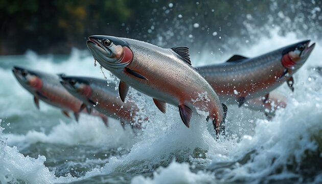 Salmon leap upstream through foamy white water rapids. A school of fish swims upriver in powerful motion. These wild aquatic animals ascend cascades in nature, showing life cycle.