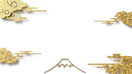 富士山と金色の雲をあしらったモダンな和風フレーム 白背景 16:9