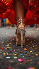 A dazzling jeweled high-heel shoe steps confidently on a street covered with vibrant, scattered confetti during a celebration.