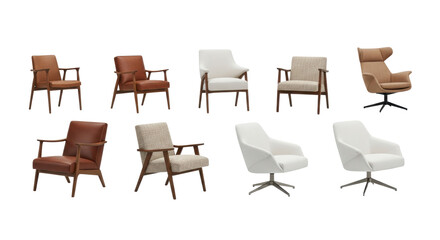 Fototapeta premium twelve highly stylized armchairs balancing mid-century modern and contemporary silhouettes, upholstered in textured brown leather, beige bouclé, and white linen on a seamless studio backdrop,
