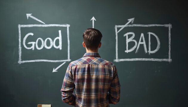 Man ponders difficult choice between good and bad paths drawn on blackboard. He faces two directions thinking hard about decision. This represents a crossroads of life.