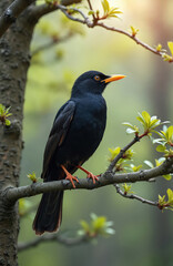 Blackbird with bright orange beak rests on a tree branch. Bird has dark plumage and orange legs. New green leaves sprout on the tree in spring. Soft light illuminates the scene.