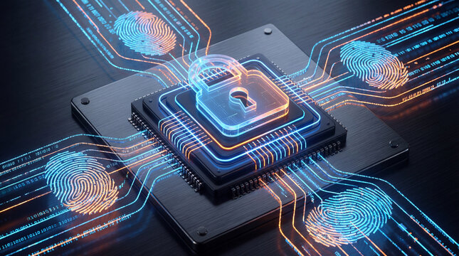 AI chip circuit board with security padlock protecting digital fingerprint data systems