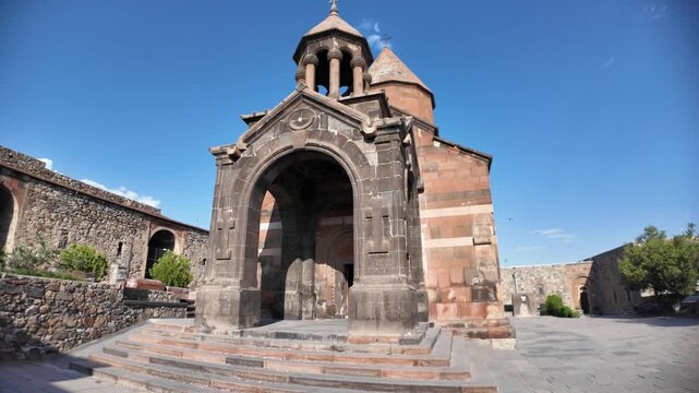 Church of the Holy Mother of God in Khor Virap, an Armenian monastery located in the Ararat Plain, stands majestically under blue sky, showcasing its ancient architecture and spiritual significance