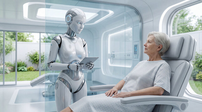 AI android healthcare assistant providing care to elderly patient in futuristic medical facility technology advancement