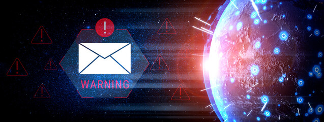 Digital warning mail interface highlights email threat detection, security monitoring, and proactive prevention of phishing and malware intrusions. Parse