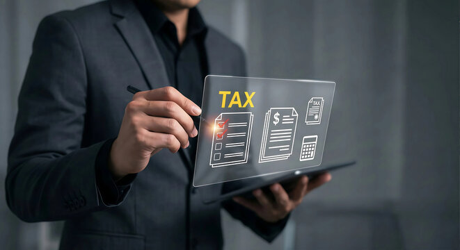 Businessman calculating taxes and auditing financial documents on digital tablet interface - Powered by Adobe