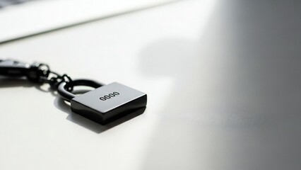 Close-up of a small, dark padlock keychain with a simple password '0000' on a bright surface, symbolizing digital security.