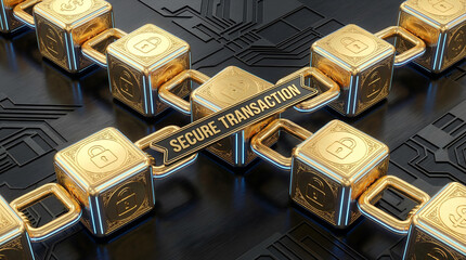 Blockchain security, secure transaction, digital lock, cyber protection, gold chain design underline trust and innovation modern online payment