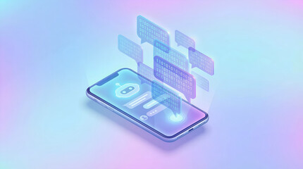 Futuristic smartphone interface digital chatbot design glowing hologram conversation concept artificial intelligence technology background
