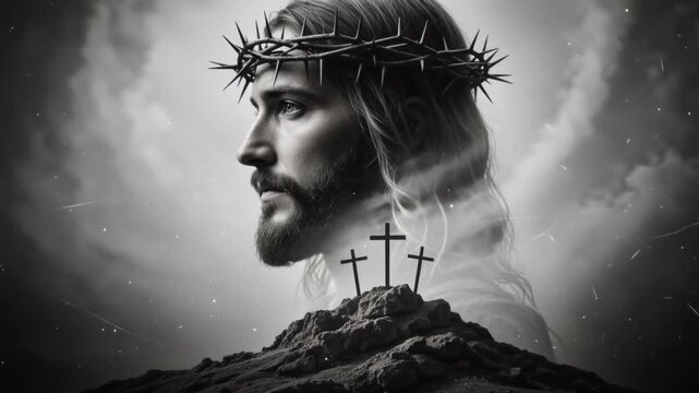 Jesus Christ with crown of thorns in profile. Three crosses on Calvary hill in black and white. Cinematic religious concept of crucifixion and sacrifice