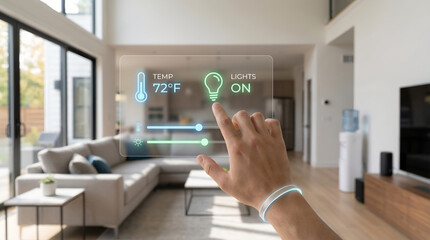 Smart home technology living room hand hologram interface design modern temperature light
