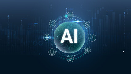 A futuristic representation of artificial intelligence, showcasing a digital globe with AI symbols and network connections, illustrating innovation and progress.