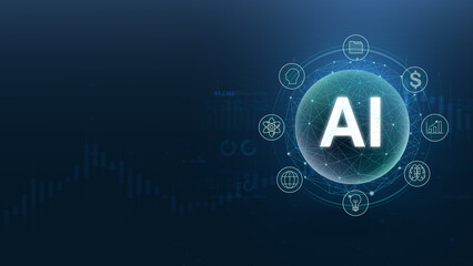 A futuristic depiction of artificial intelligence, showcasing the concept of AI within a digital sphere surrounded by various technology symbols.