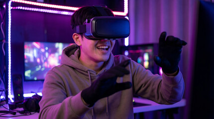 Virtual reality gamer design concept, young asian man wearing vr headset and gloves playing immersive game in dark neon gaming room