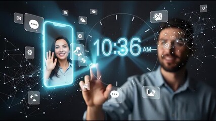 Man interacts with futuristic digital interface displaying time and woman's image - Powered by Adobe
