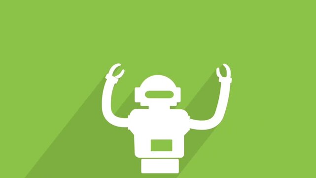 Flat design robot icon with raised arms on a green background, symbolizing technology, automation, artificial intelligence, and modern digital assistance.