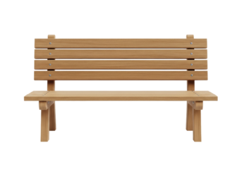 a clean, classic wooden park bench crafted from light brown planks, displaying fine grain and subtle weathering, isolated on a transparent background with soft, high-key lighting, minimalist product