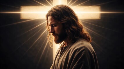 Cinematic profile of Jesus Christ bowing head in front of a glowing cross. Religious man with beard and long hair in prayer. Spiritual faith and Christianity concept