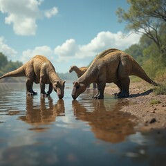 Fototapeta premium Two iguanodons drink water from river shore. Another dinosaur stands back on grassy bank. They are in natural habitat, prehistoric landscape.