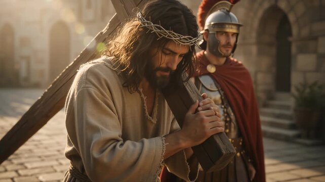 Jesus Christ wearing a crown of thorns carrying a heavy wooden cross. Roman soldier guarding the procession in ancient Jerusalem. Biblical Passion concept for Easter