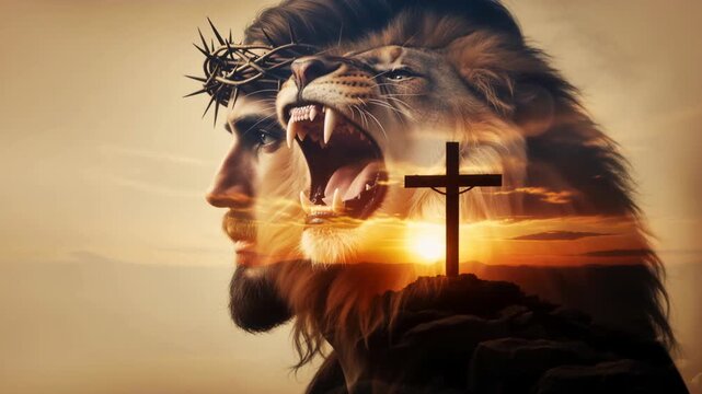 Jesus Christ with crown of thorns and roaring lion. Double exposure of cross on a hill at sunset. Lion of Judah and Christian faith concept. Cinematic religious art