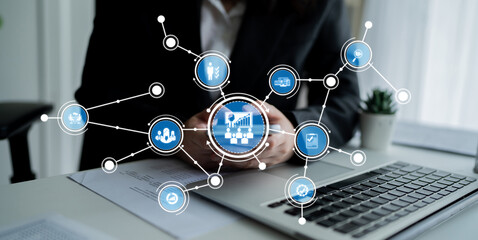 A professional workspace featuring a laptop with data analysis graphics, depicting growth and innovation. Ideal for themes of business strategy and technology evolution. Crux